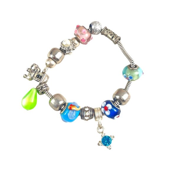 Sterling Silver Italian Chain Charm Bracelet Colorful Glass Beads Elephant Star - Picture 3 of 8